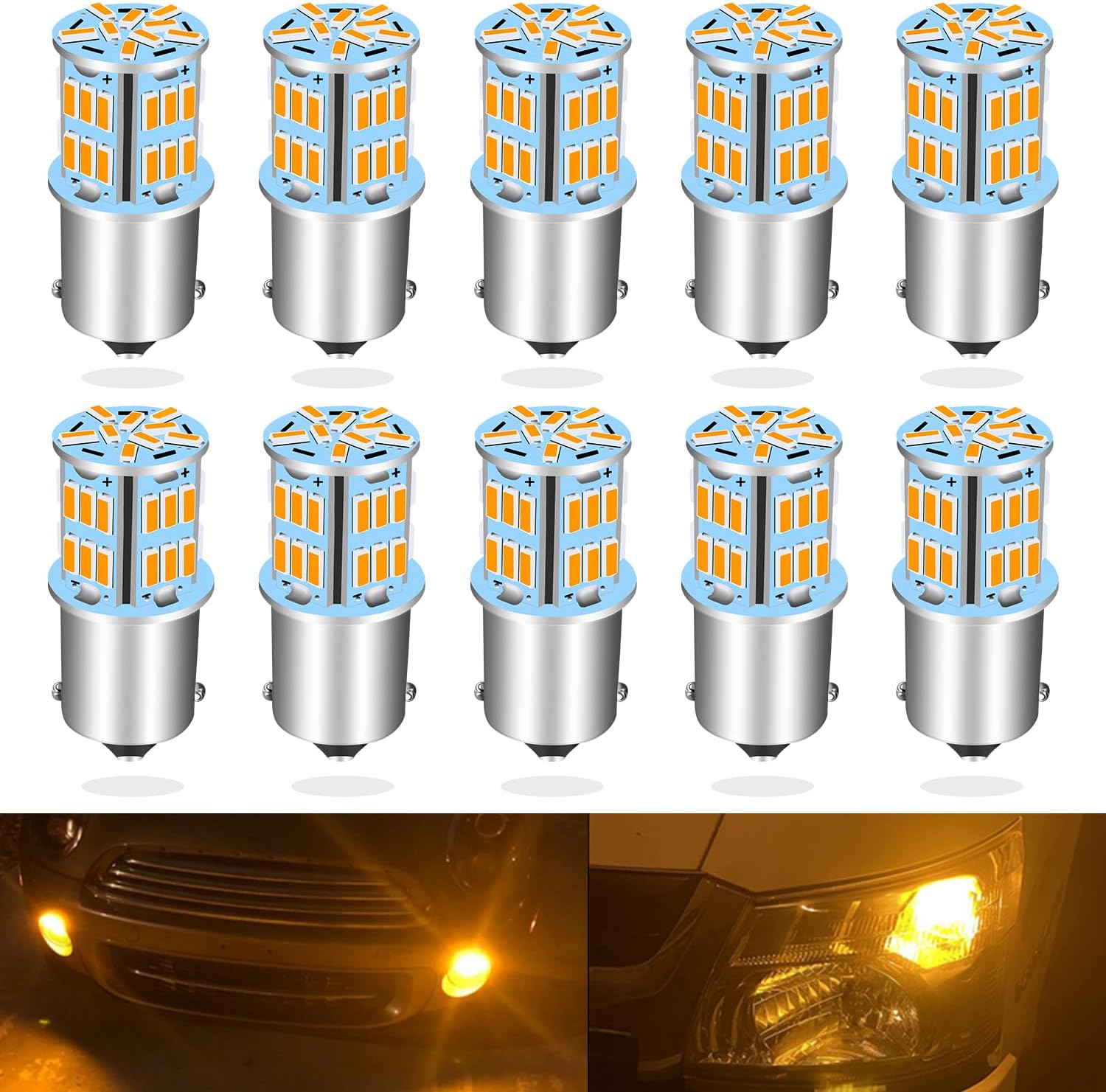 1156 BA15S LED Bulbs Amber Yellow 12 Volt 1141 LED Bulb, Bayonet Single Contact Base1073 1003 BA15S 7506 LED Bulbs for Car Truck Motorcycle RV Blinker Turn Signal Lights, 10-Pack