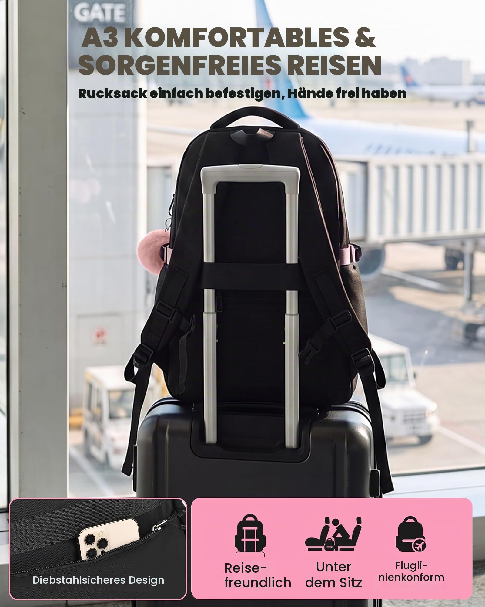 Amythe Schulranzen Mädchen Teen 10-18 Jahre 3-teilig Set, Rosa