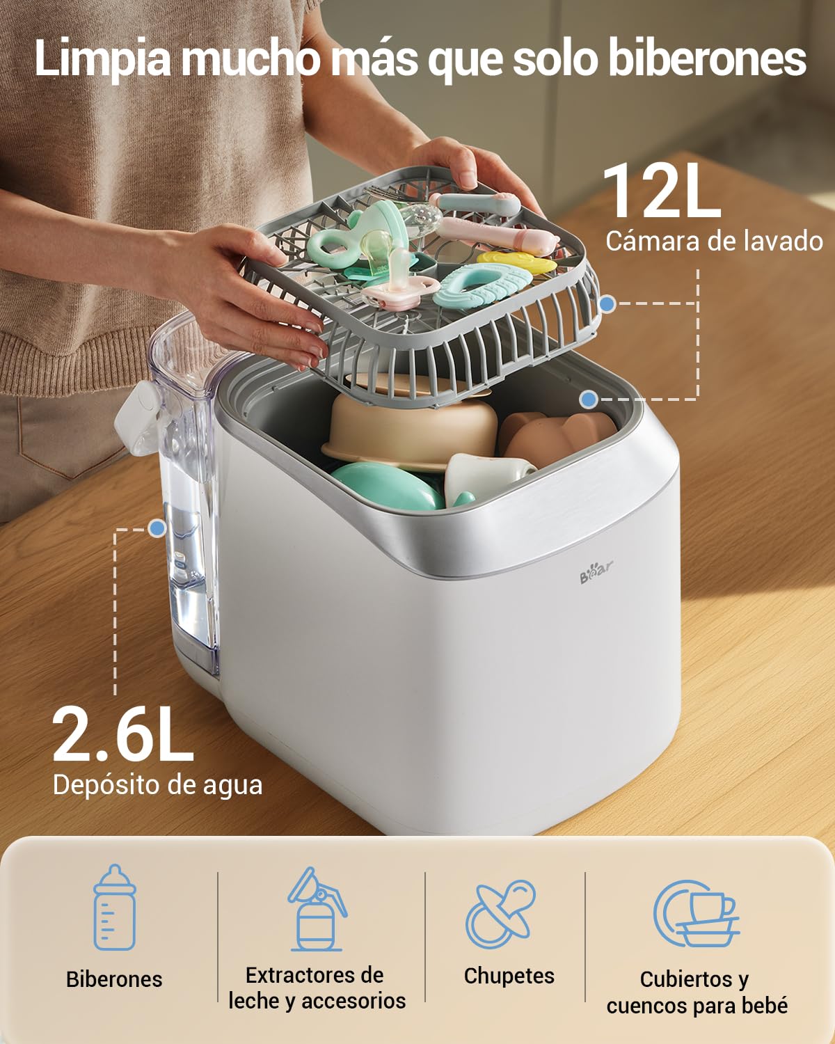 Bear Bottle Washer Pro - Limpiador Automático para Biberones | Limpieza Rápida, Esterilización a Alta Temperatura y Secado | 90 Tabletas de Limpieza Incluidas | Capacidad para 4 Biberones y Accesorios