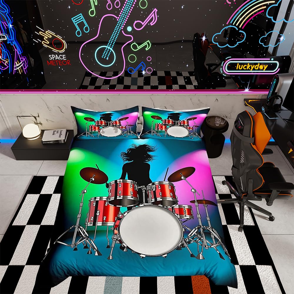 Drum Kit Bedding Set Rock Music Themed Duvet Cover For Kids Youth Teens Musical Pattern Comforter Cover Young Man Bedspread Bedroom Decor Quilt Cover 3Pcs Double Size