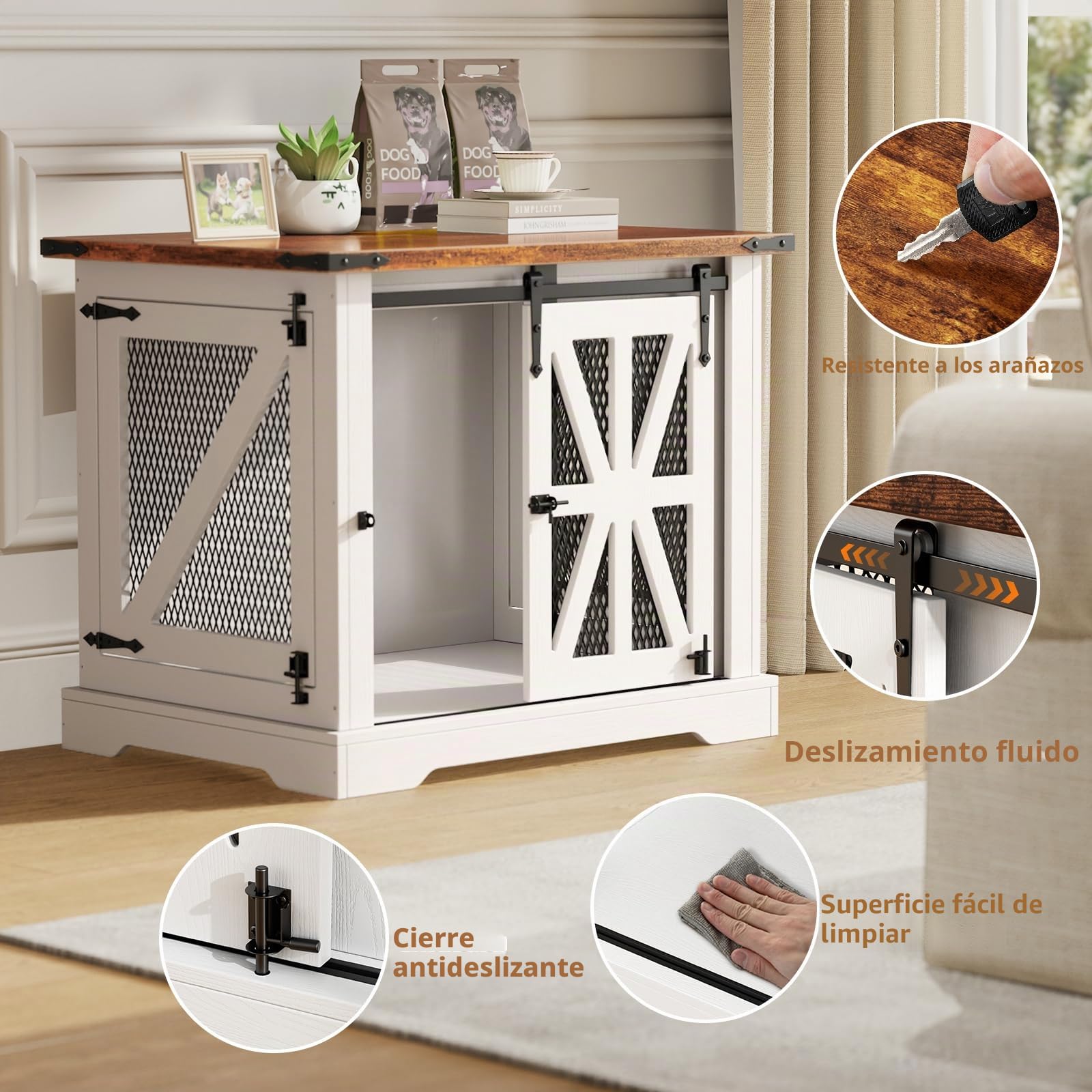 Jaula para Perros, Caja de Perro de 73 cm, Jaula para Perros de Tres Puertas para Uso Doméstico, Puerta Corredera, Casa Moderna de Madera para Perros, Cachorros, Diseño Reforzado, Blanca