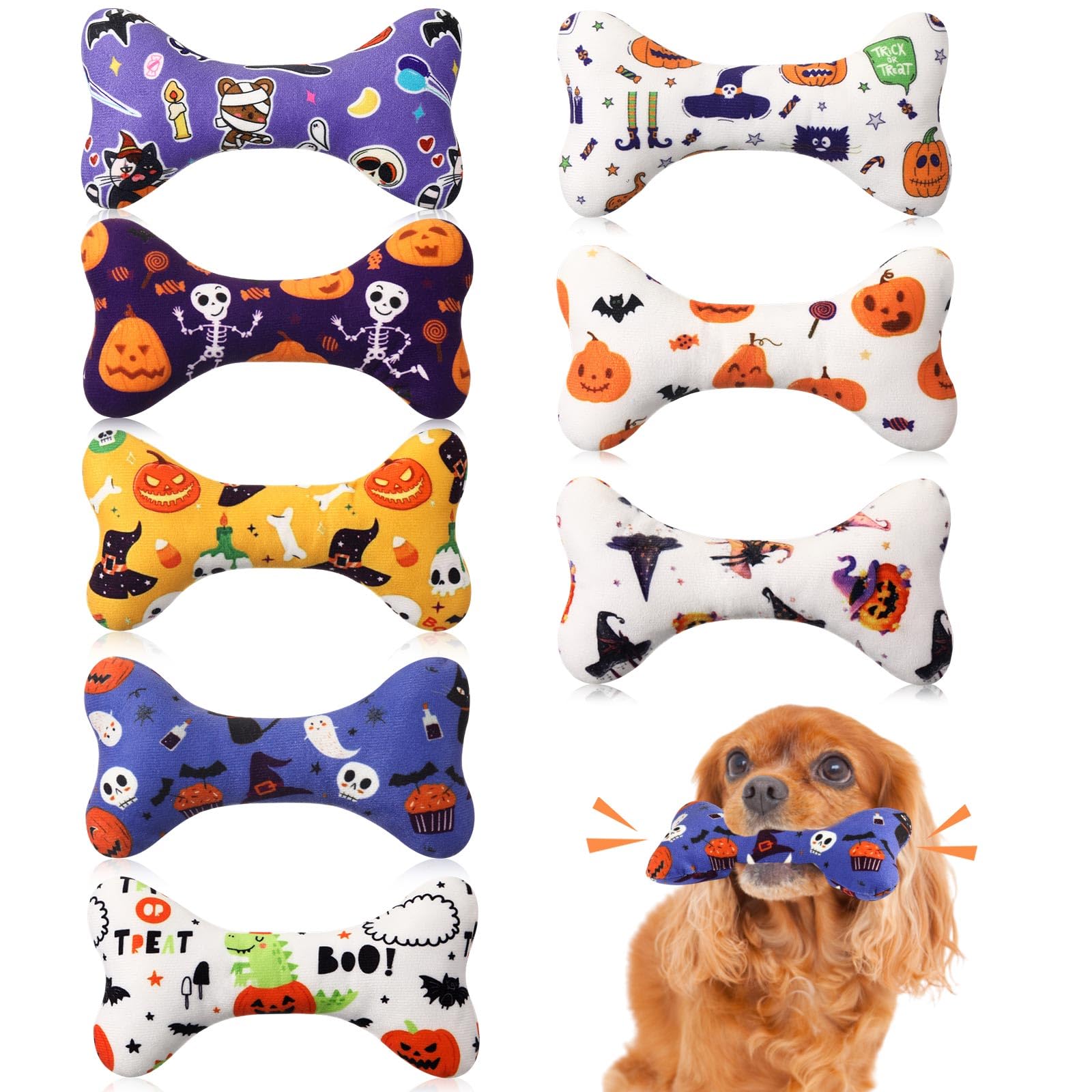 Soulchen 8 Pack Halloween Dog Toys with Squeaker, Small Dog Squeaky Plush Toy for Halloween Dogs Stuffed Toy Plush Squeaky Puppy Bone Chew Toys for