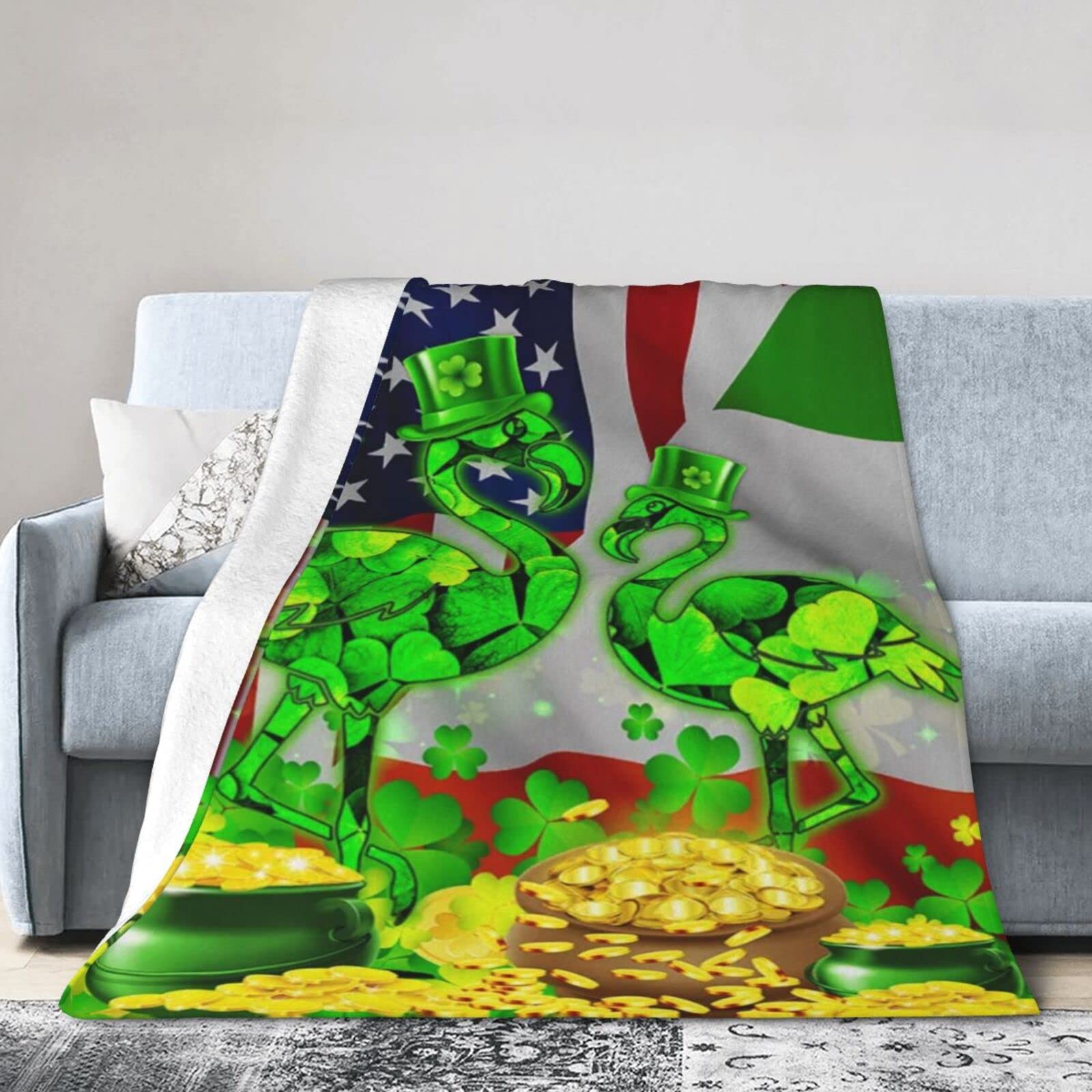 Lsjuee Flannel Fleece Blanket 60"X50" Flamingo Happy St. Patrick‘s Day Sofa Throw Blanket Funny Ultra-Soft Travel Spring Blankets for Girls Keep Warm