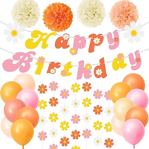 24 piezas de decoraciones de fiesta de estilo bohemio con banderas colgantes de flores, globos de flores de papel para decoración de cumpleaños,