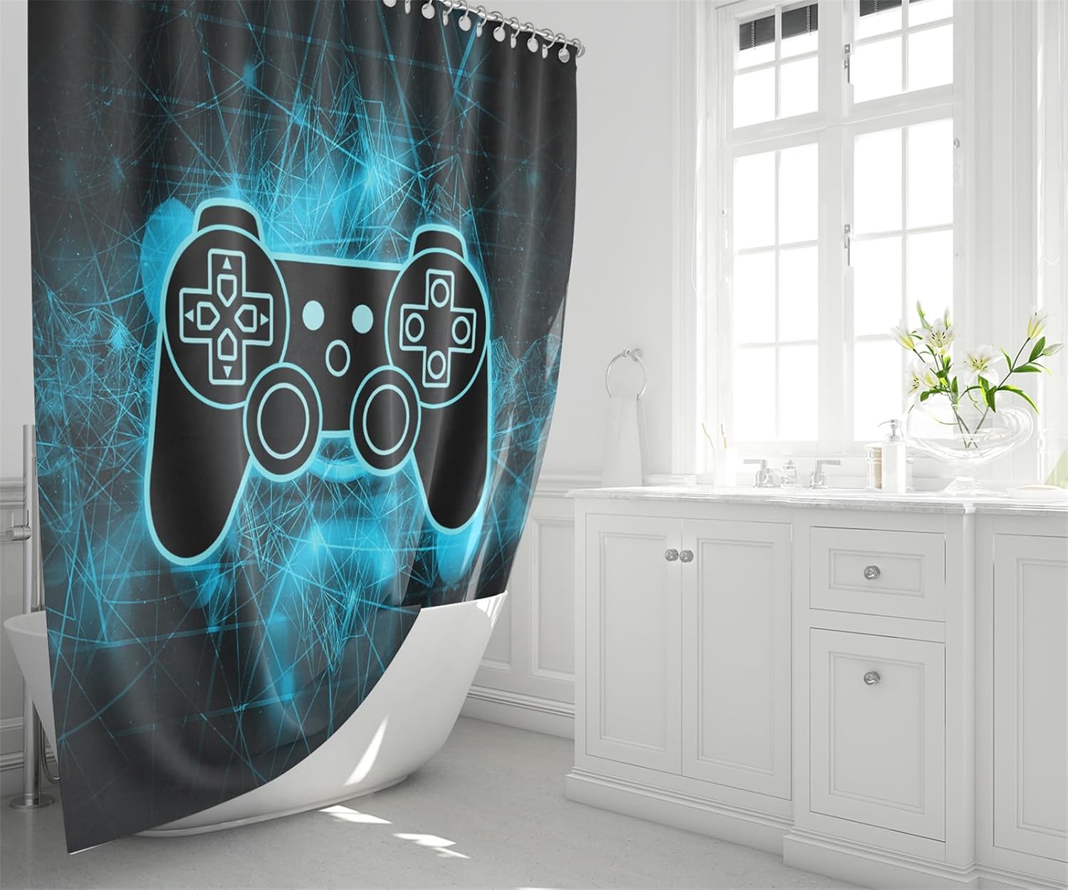 BATATADOCE Game Shower Curtain for Boy - Gaming Shower Curtains Sets with Shower Curtain and Rugs Kids Bathroom Set Gamer Shower Curtains for Bathroom Decor,Blue 70x70 Inch