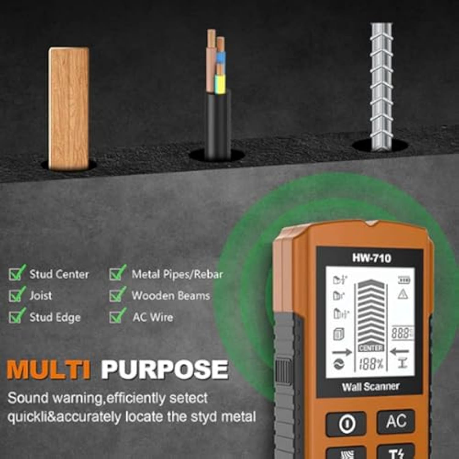 Multifunctional Handheld Metal & Wall Detector, Upgraded Portable Wire Pipe Power Scanner, 5 in 1 Wall Stud Finder Scanner for Detecting Metal, Wood and Ac Cables in The Wall (Red)