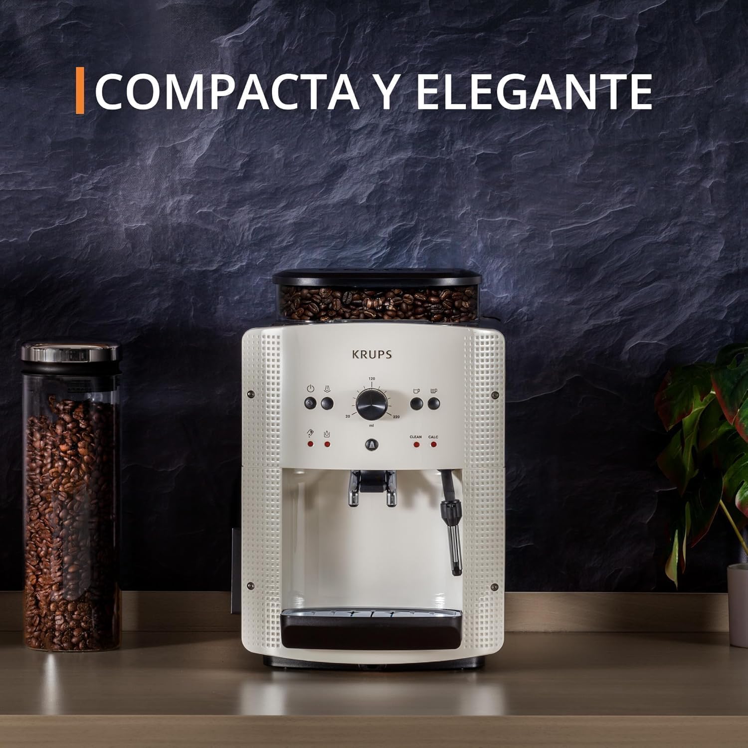 Krups Roma, Cafetera superautomática, Depósito de agua 1,6 L, 3 niveles de temperatura, 3 niveles de intensidad, 15 bares, Molinillo cónico de metal, Panel de control fácil, Blanca, EA8105