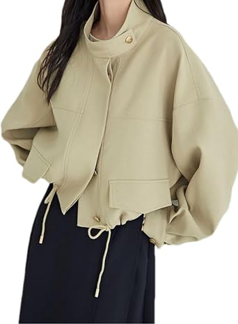 Wanzetaly Womens Cropped Trench Coat Button Down Long Sleeve Drawstring Hem Casual Jackets