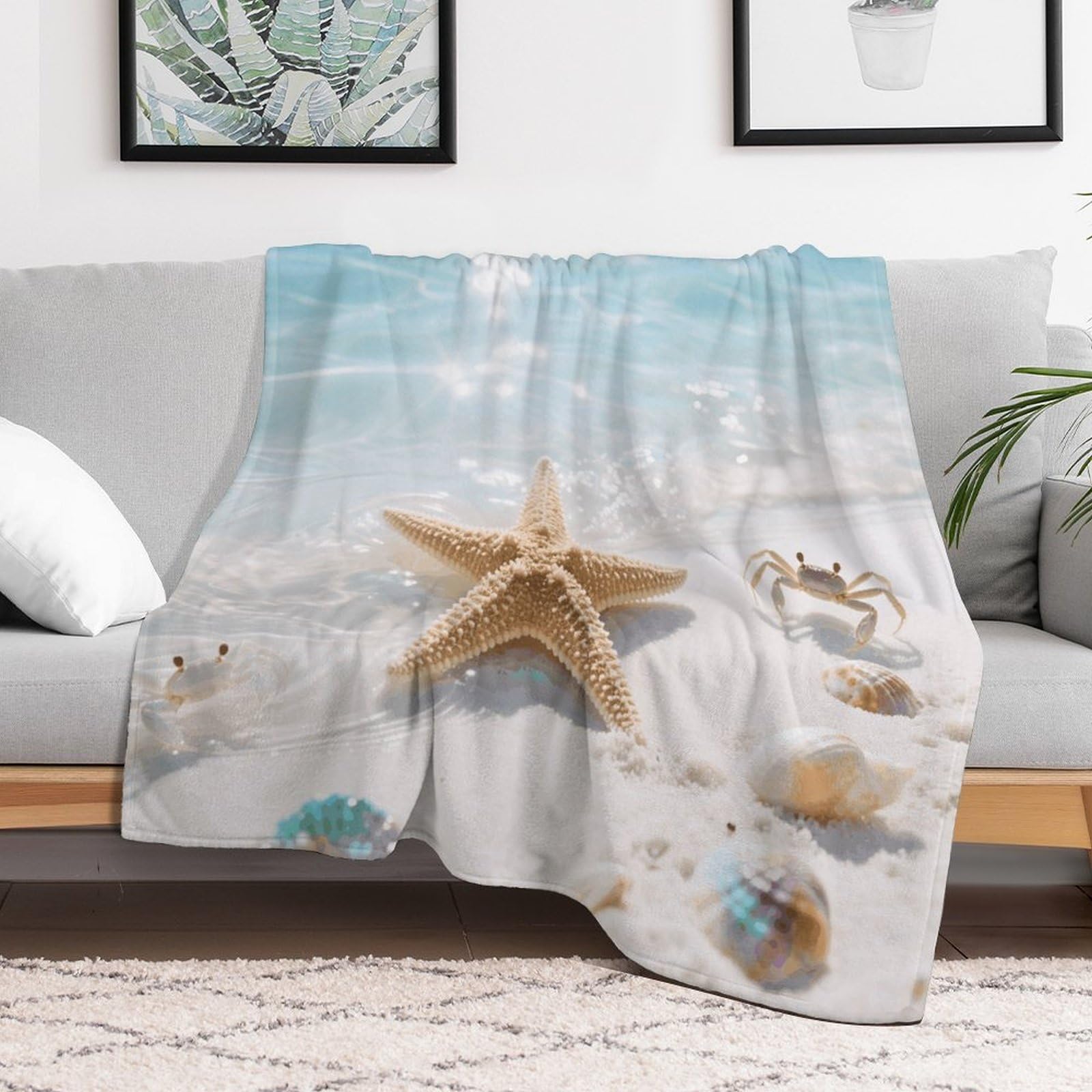 Custom Starfish Blue Ocean Blanket Lightweight Flannel Fleece Throw for Couch Sofa Bed Luxury Soft Cozy Plush Lap Bedtime Blanket for All Seasons Bedroom Home Decor Gifts 40x50