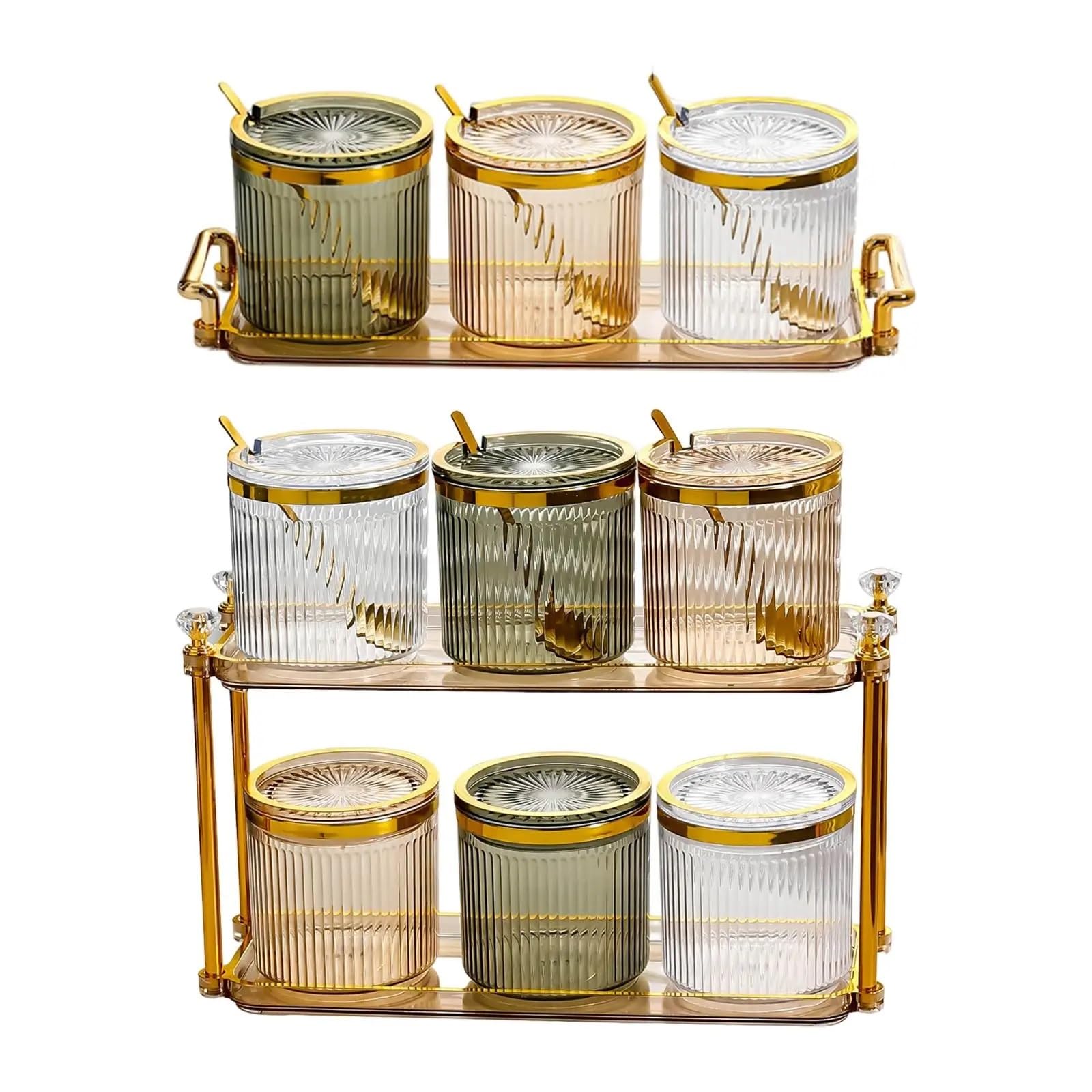 Botes Especias Tarro de condimentos con Bandeja organizadora, Tarro de Almacenamiento de condimentos, contenedor de Especias con Tapas y cucharas, recipientes for Sal(2 Layer)
