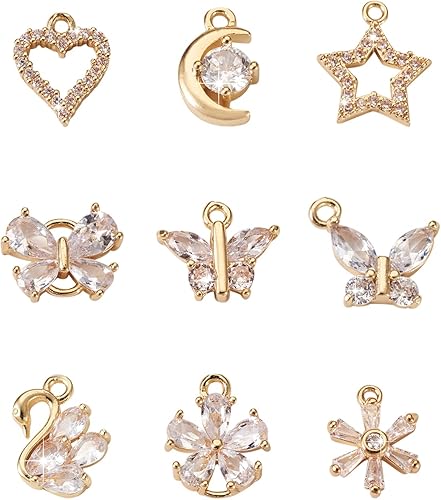 Cheriswelry 12 colgantes de latón con micro pavé de circonita cúbica, pequeños y brillantes, paloma de cisne, leopardo, pájaro, luna, colgantes con