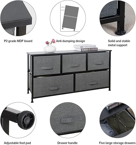 Miniatura 6 de ZenStyle Cómoda de tela con 5 cajones, torre de almacenamiento de aparador, unidad organizadora de armario de almacenamiento para dormitorio, sala