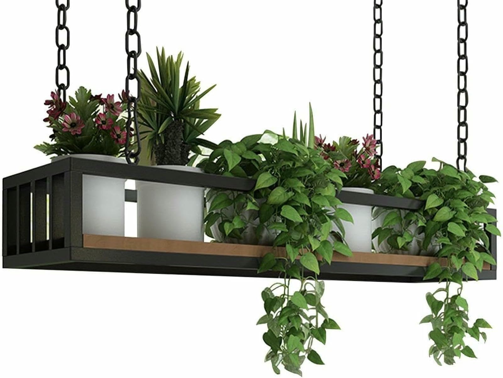 Porte-bouteille de vin et support plantes suspendu avec chaînes en métal