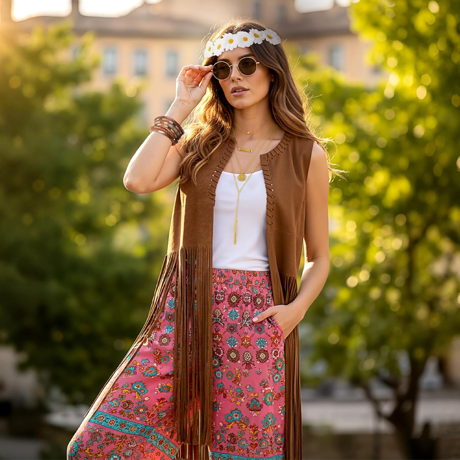 6 Pcs Bohemian Fringe Outfit Set with Retro Sunglasses Jewelry Rhinestone Headband Daisy Crown Festival Wear