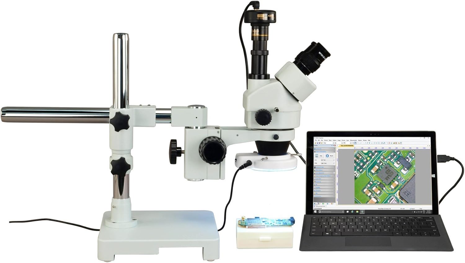 OMAX 3.5X-90X 3MP Digital Zoom Trinocular Stereo Microscope on Boom Stand with 56 LED Ring Light