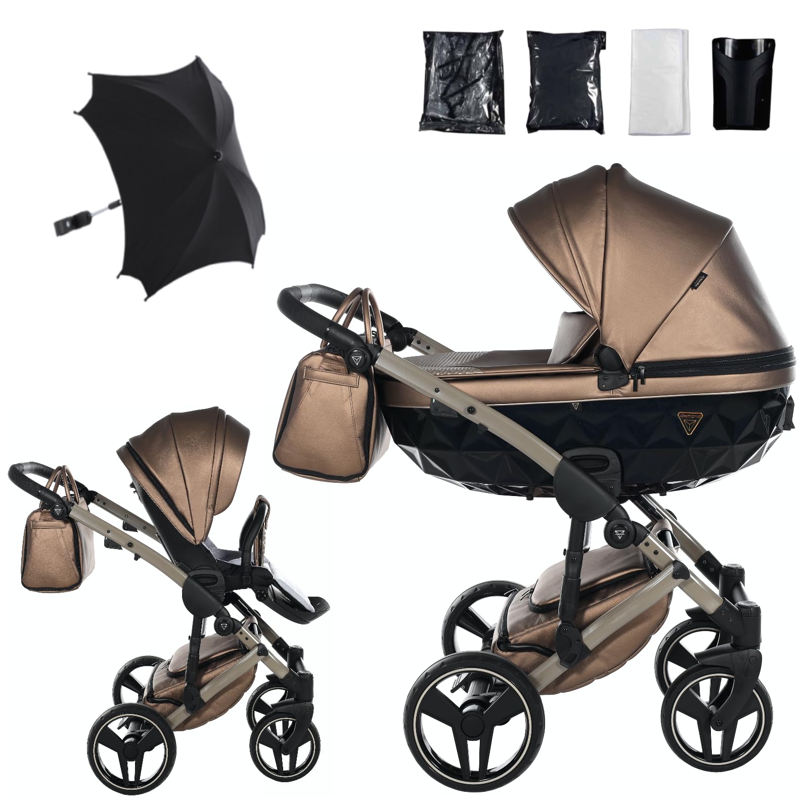 Junama Diamond Fluo 03 Marrón Cochecito de Bebé 2 en 1, 3 en 1, 4 en 1 + Sombrilla para Carrito (2 en 1)