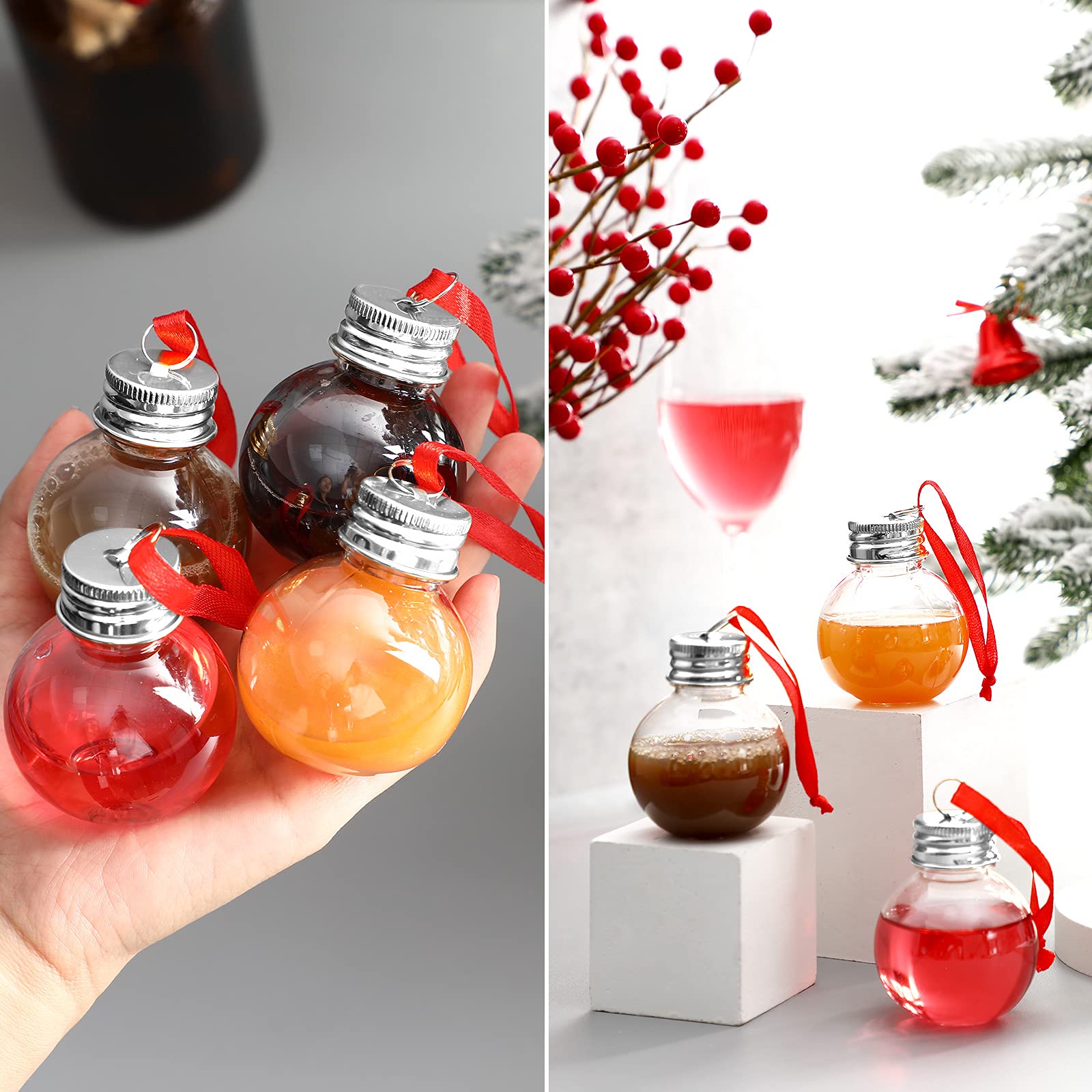 Patelai Lot de 18 Boules de Noël en Forme de Verre à Liqueur en Plastique à remplir pour Sapin de Noël - Bouteilles d'eau pour fêtes de Fin d'année - Intérieur et extérieur (Couvercle argenté)
