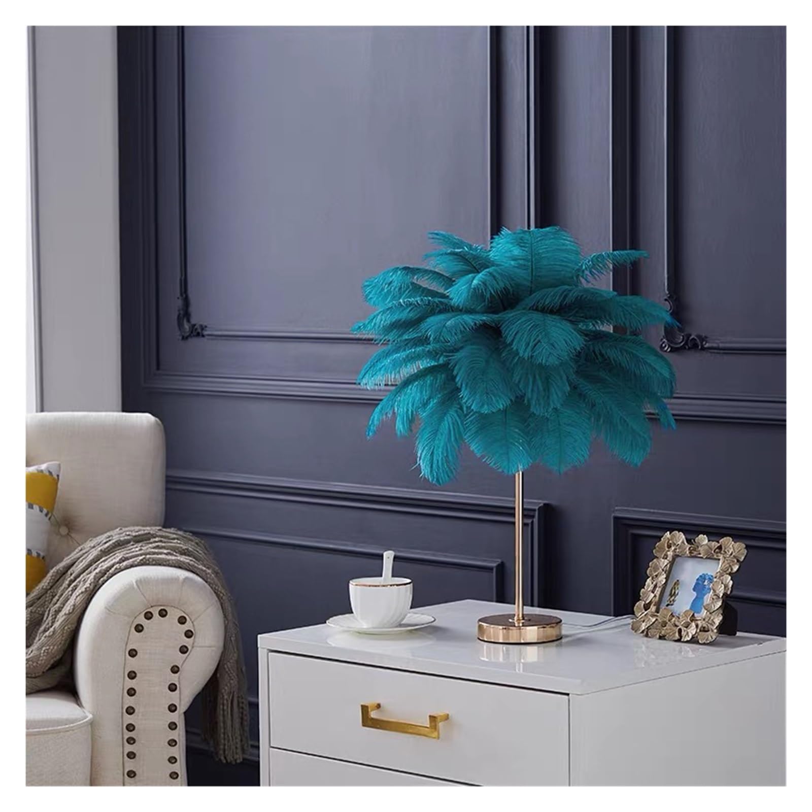 SMTYXS Nordic Ostrich Feather Floor Lamp Living Room Atmosphere Net Red Stand Light for Lighting Vintage Elegant Luxurious(Green Table lamp)