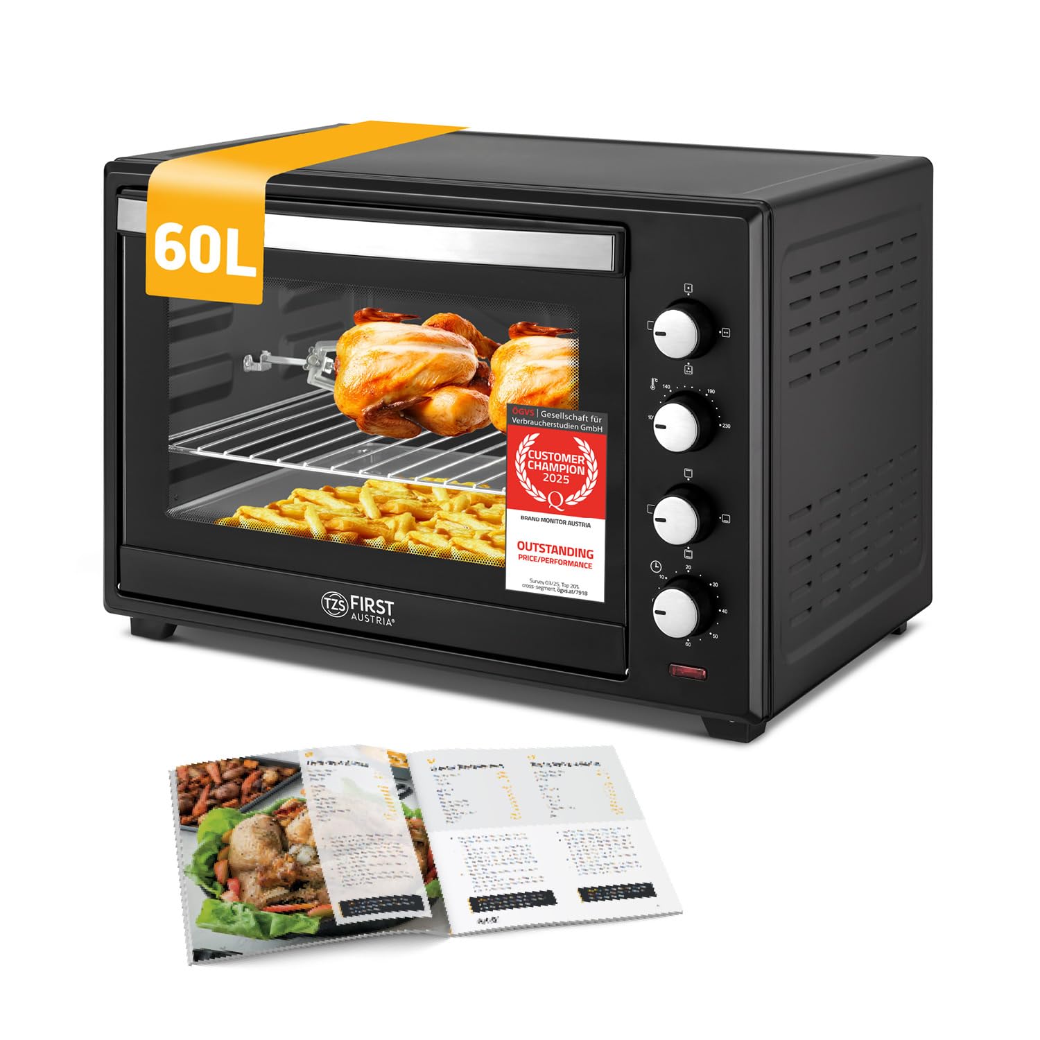 TZS First Austria - Mini Oven 60L 2000W - Small Pizza-Oven temperature control up to 230°C & 6 modes - Baking-Oven with 60 min. timer, 4 rack levels, baking tray, grill rack & rotisserie skewer