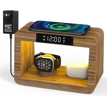 Wireless 5 in 1 Charging Station Fast Wireless Charger with Digital Alarm Clock and Night Light Bamboo Charging Station Compatible for iPhone/Apple Watches/AirPods/Samsumg Galaxy & More