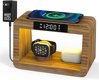 Kabellose 5-in-1-Ladestation, schnelles kabelloses Ladegerät mit digitalem Wecker und Nachtlicht, Bambus-Ladestation, kompatibel für iPhone/Apple Watches/AirPods/Samsumg Galaxy & mehr