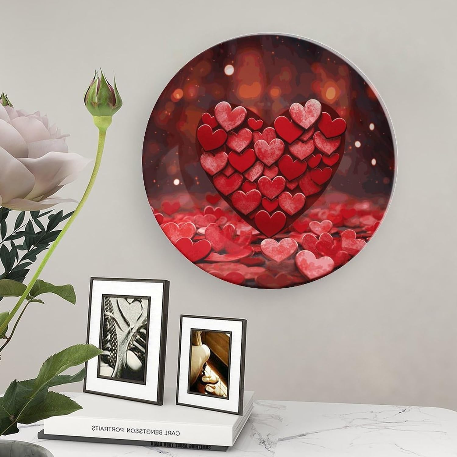 Hearts Love Bone China Decorative Plate with Display Stand, Ceramic Ornaments Plate for Wall Hanging, Personalized Porcelain Plates for Office, Living Room 8inch