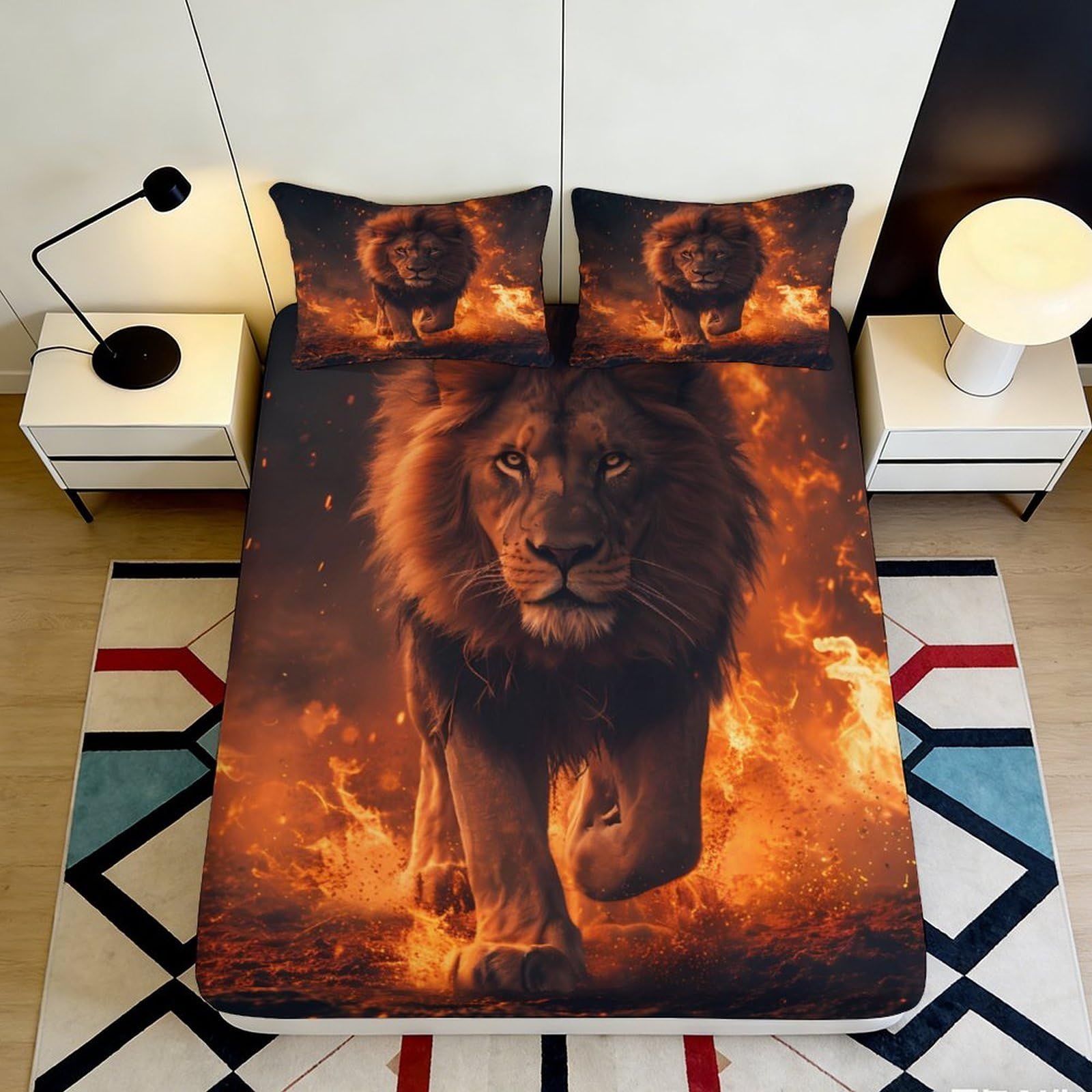 Uxinyoume Style-9 3D Printed Fiery Lion Fitted Sheet Microfiber Soft Anti-Slip Flame Lion Mattress Cover Bedroom Decor 90X200x25cm