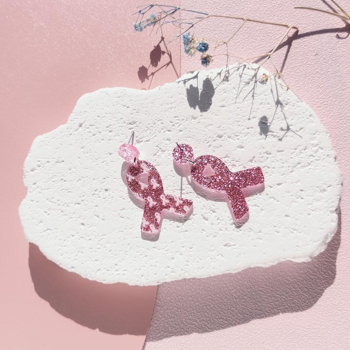 Breast Cancer Awareness Wooden Earrings Glitter Acrylic Pink Ribbon Drop Earrings For Women Survivor Gift Support - Image 3