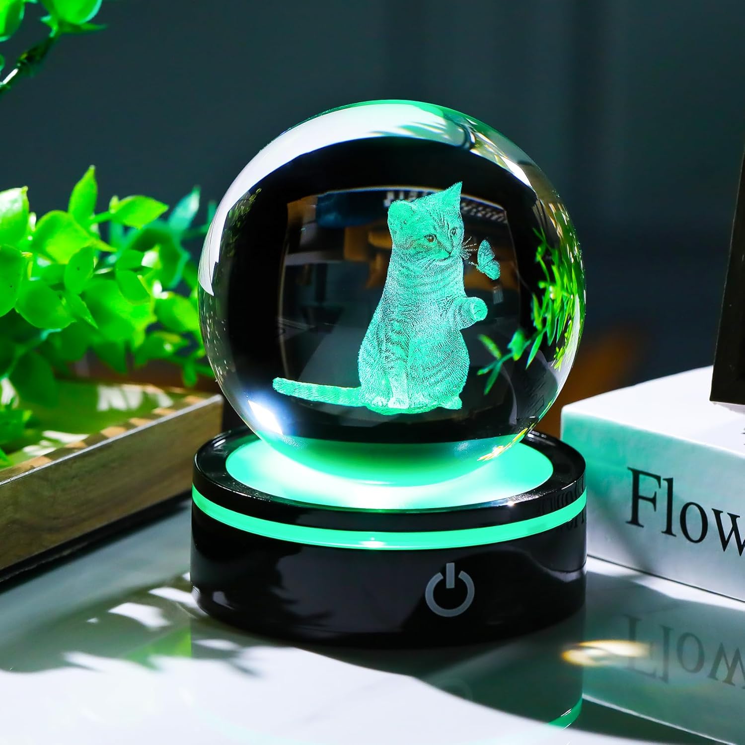 YWHL 3D Crystal Ball Cat Gifts for Women, Laser Cat and Butterfly Figurine with LED Base, Cat Ornament Glass Decorative Ball Globe Night Light (80mm) - Image 2