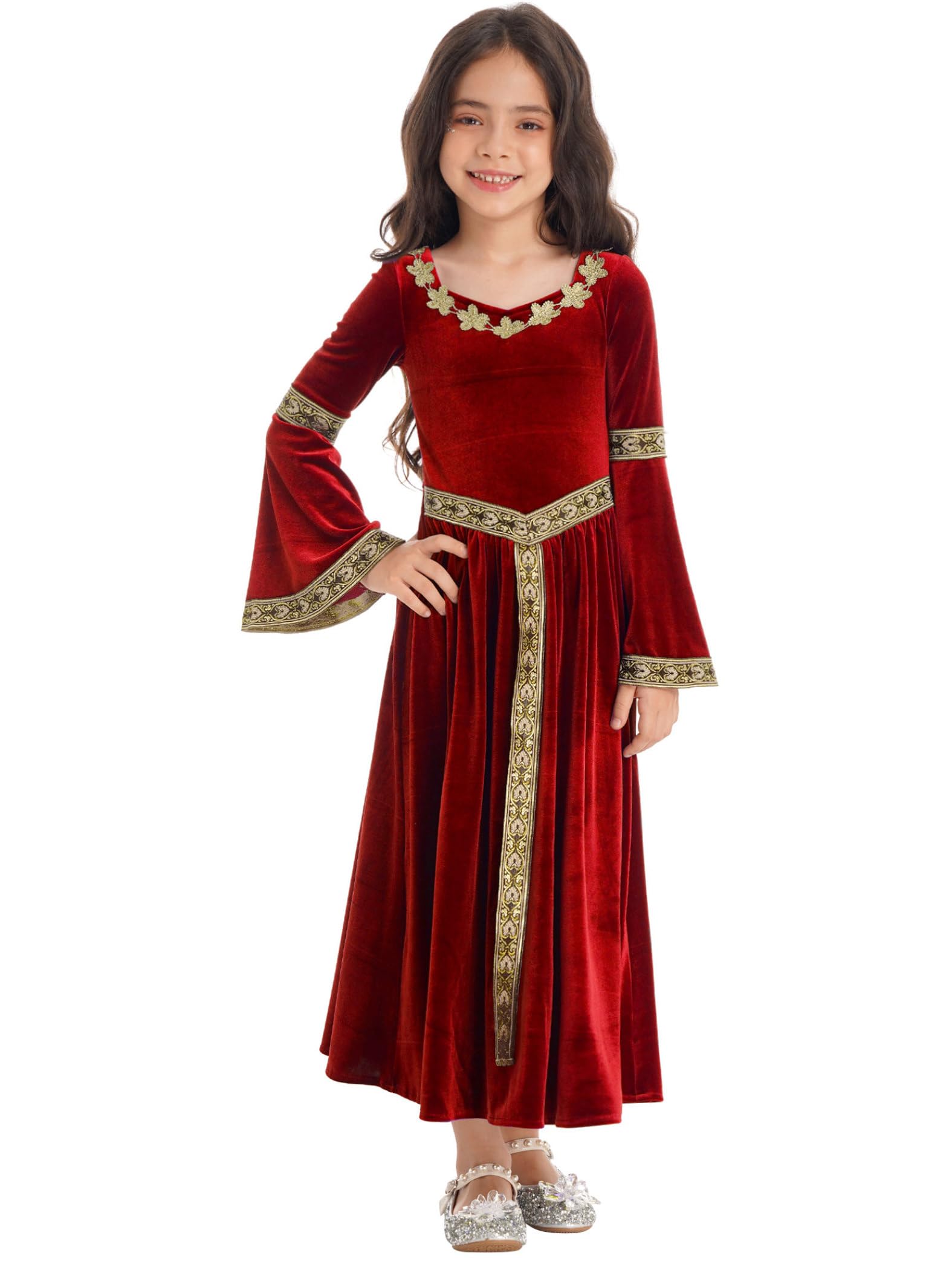 Riismen Girls Renaissance Maiden Costume Medieval Princess Velvet Long Maxi Dress Ball Gown Red 15-16 Years