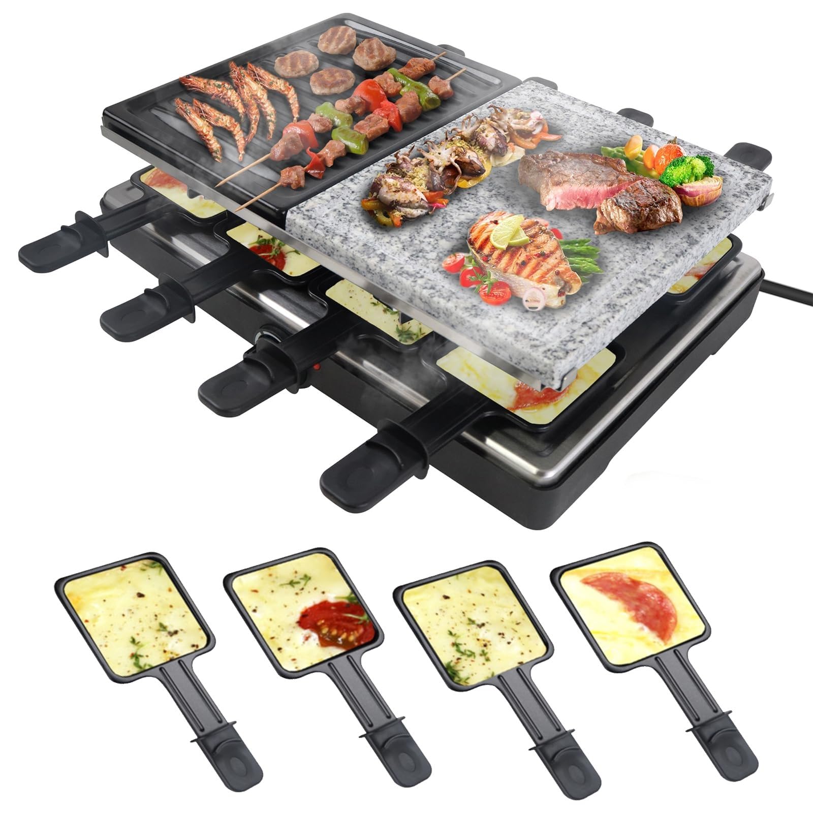 UISEBRT Griglia per raclette per 8 persone, 1400 W, con piastra in granito e piastra per barbecue, rivestimento antiaderente elettrico, set da tavolo per feste, campeggio, Natale