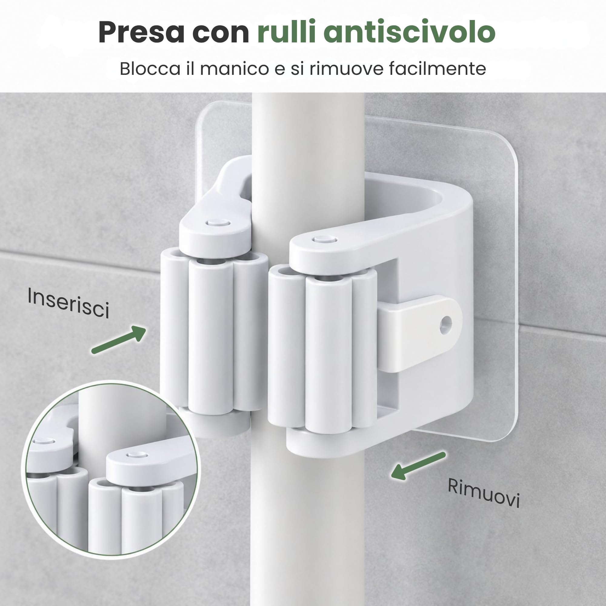 Porta Scope Parete Adesivo Set da 6, Portascope da Muro Appendibile Senza Forare, Appendi Scope Bianco per Scopa e Mocio, Cucina, Bagno, Lavanderia e Garage, 6 x 6 x 4,5 cm