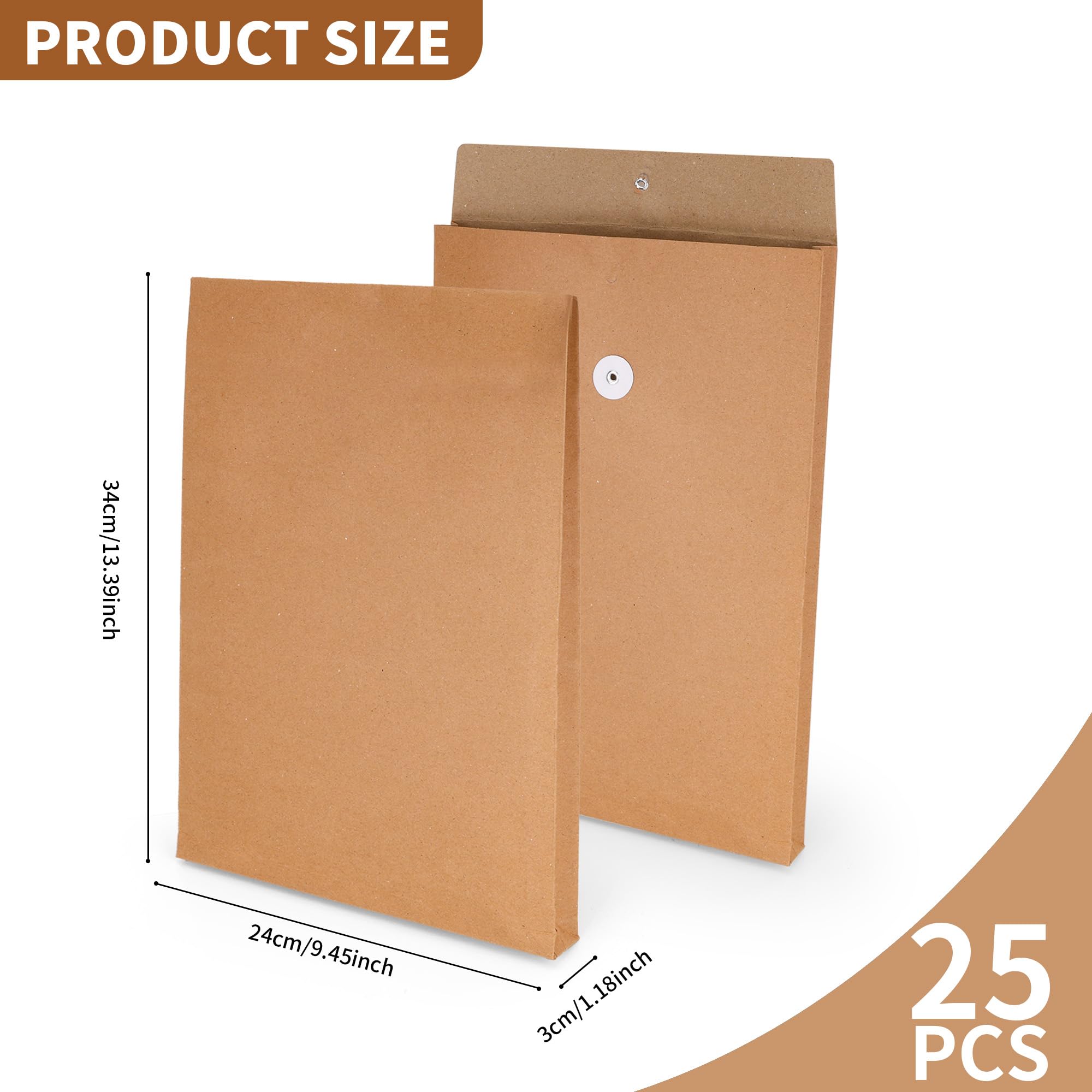 WENLISELL 25 Pack Expandable Gussetted Envelopes with String Closure, 34x24x3cm Kraft Paper String Envelopes, 250gsm Manila Envelope for Office, Business, Personal - Image 2
