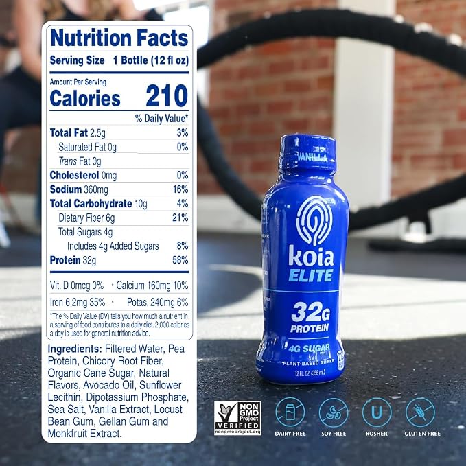 Koia Elite Plant Based Protein Shake, Vanilla, 32g Protein, 4g Sugar, 6g Prebiotic Fiber, Pre & Post Workout Nutritional Drink, No Seed Oils, Dairy-Free, Gluten-Free, Non-GMO, 12 Fl Oz (Pack of 12) miniatura 2
