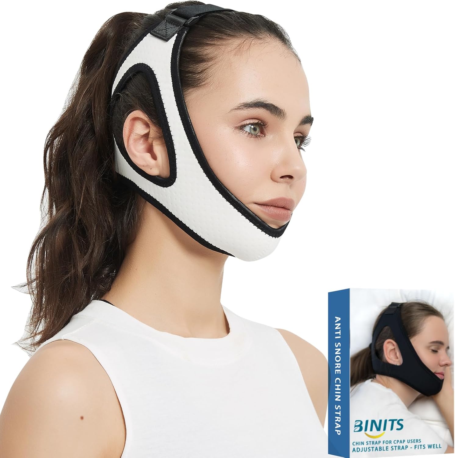 Chin Strap for CPAP User – Adjustable Snore Stopping Device Face Mask Bandage Keeping Mouth Closed – Better Night’s Sleep Women and Men (White)