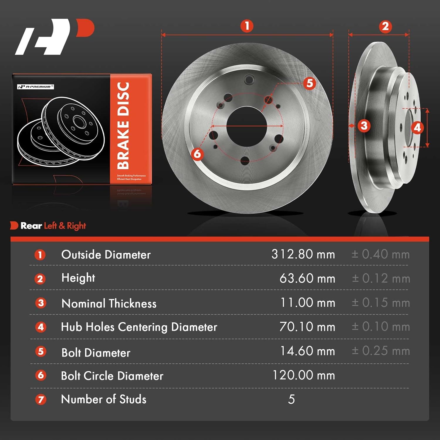 A-Premium 12.31 inch (313mm) Rear Solid Disc Brake Rotors Compatible with Select Honda Models - Odyssey 2005 2006 2007 2008 2009 2010 3.5L, 2-PC Set
