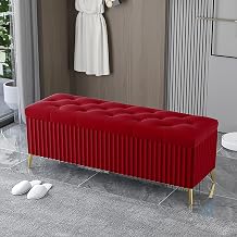 SAZDFY End of Bed Bench with Storage, Button Tufted Velvet Upholstered Storage Ottoman Bench, Modern Vanity Stool Long Bench for Bedroom Living Room,entryway80x40x45cm31x16x18inch, Red