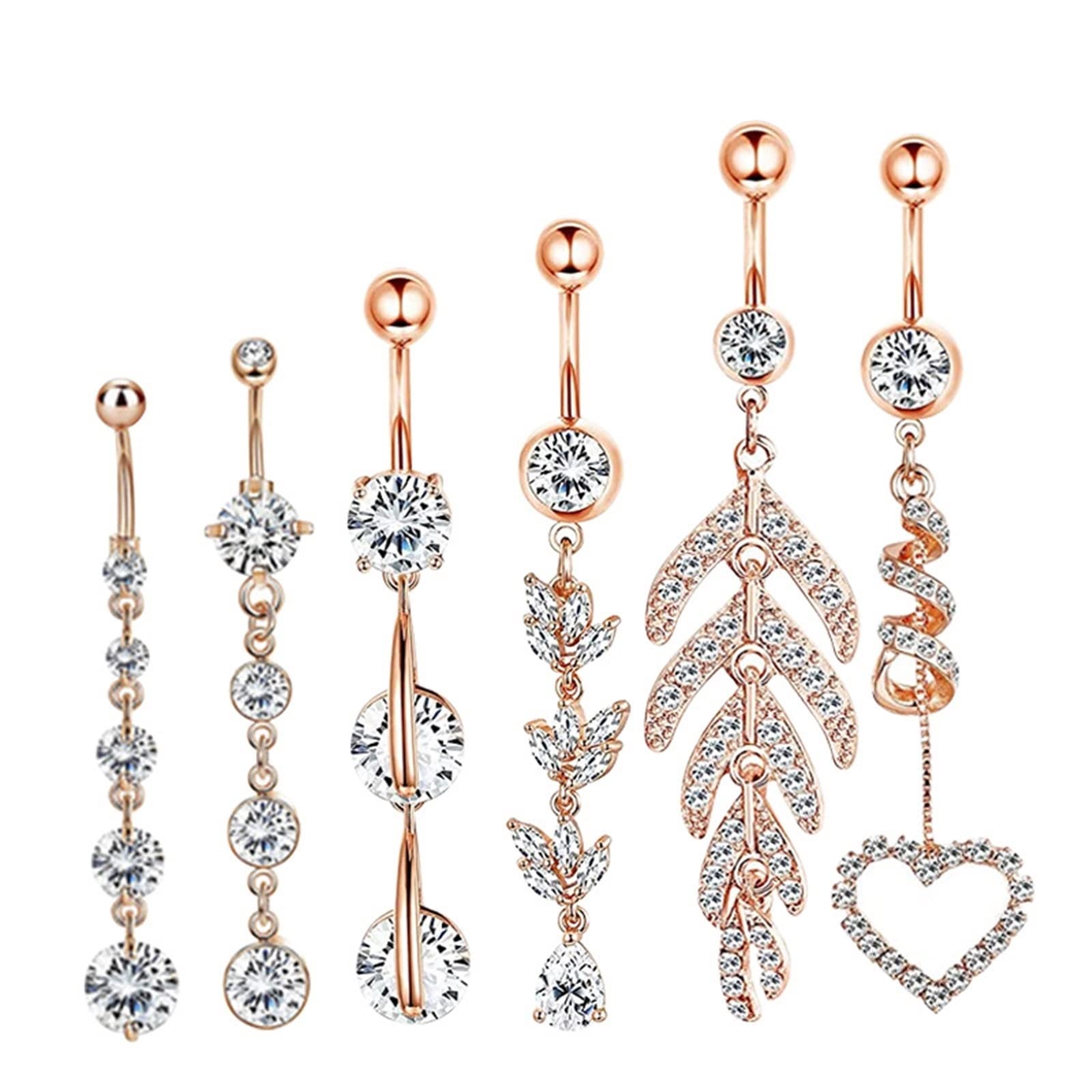 Banane Piercing, Bauchnabelpiercing Glitzer Edelstahl 6 Stück 14G Bauchnabelpiercing Damen Weiß Rund Zirkonia Blatt Herz Runder Anhänger