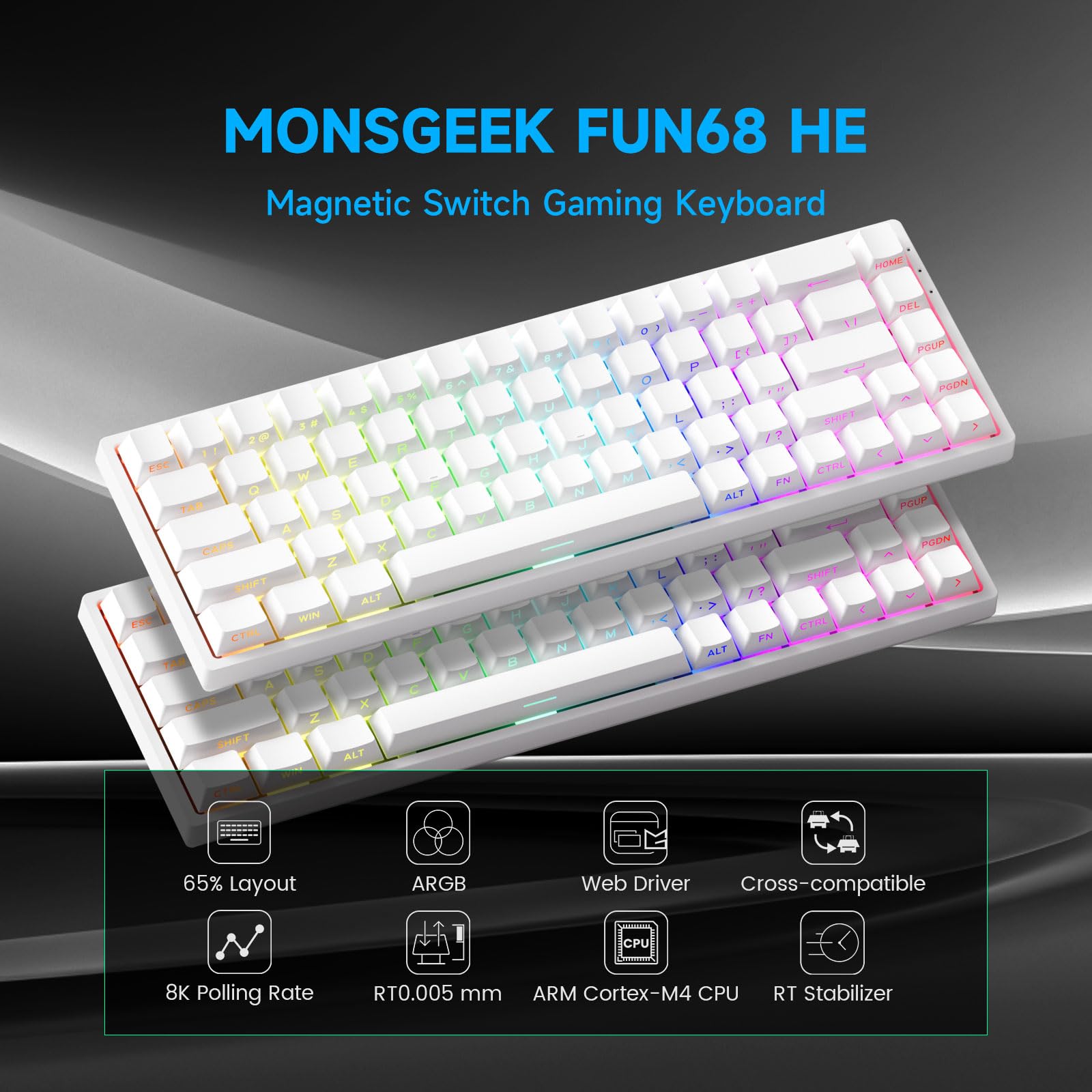 MONSGEEK Klawiatura FUN68 HE Rapid Trigger, czas reakcji 0,005 mm, częstotliwość próbkowania 8000 Hz, przewodowa klawiatura gamingowa RGB 65% z magnetycznymi przełącznikami Glare (Biała) | Biała klawiatura magnetyczna do gier, RT0.005mm, częstotliwość 800