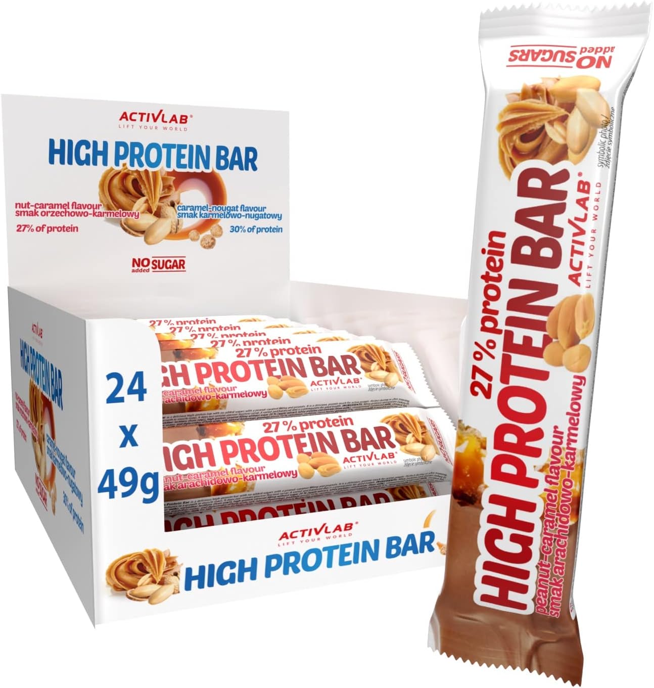 Activlab High Protein Bar, 46g x 24 Bars | High-Energy Bars for Athletes | Sugar Free | Sport Nutritional Snacks | Chocolate Coated | Caramel with Peanuts | 30% of Protein, 240 kcal | Delicious Snack
