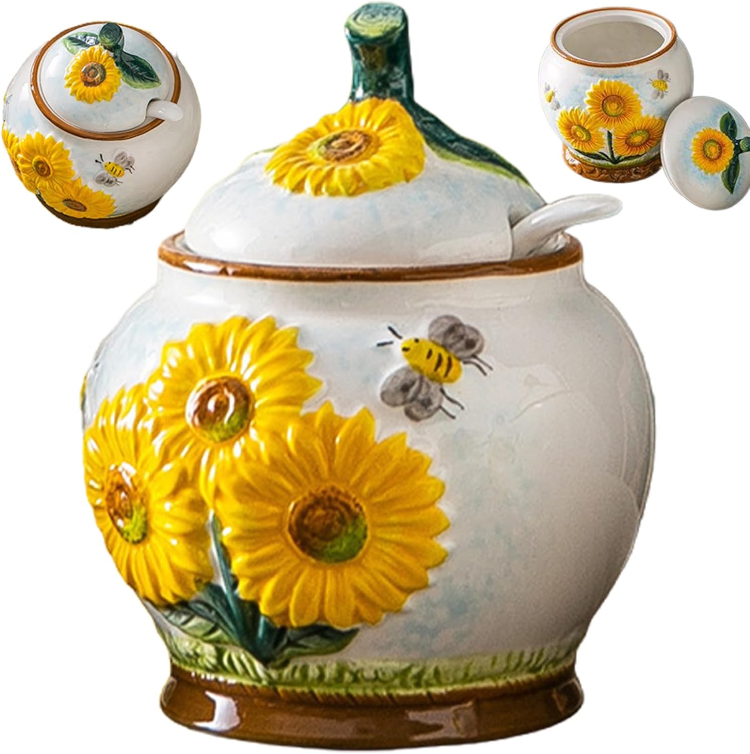 Sugar Container, Embossed Sunflower and Bee Sugar Bowl with Lid And Spoon, 4x4.7 Ceramic Bowl for Kitchen Countertop, Coffee Bar