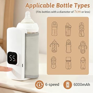 Portable Bottle Warmer,Cordless Bottle Warmer Heater, Milk Bottle Heating Bag,6 Gears Adjustable Electric Food Warmer with LCD Displayfor Most Bottles Fast Heating&Defrost for Night and Morning Use
