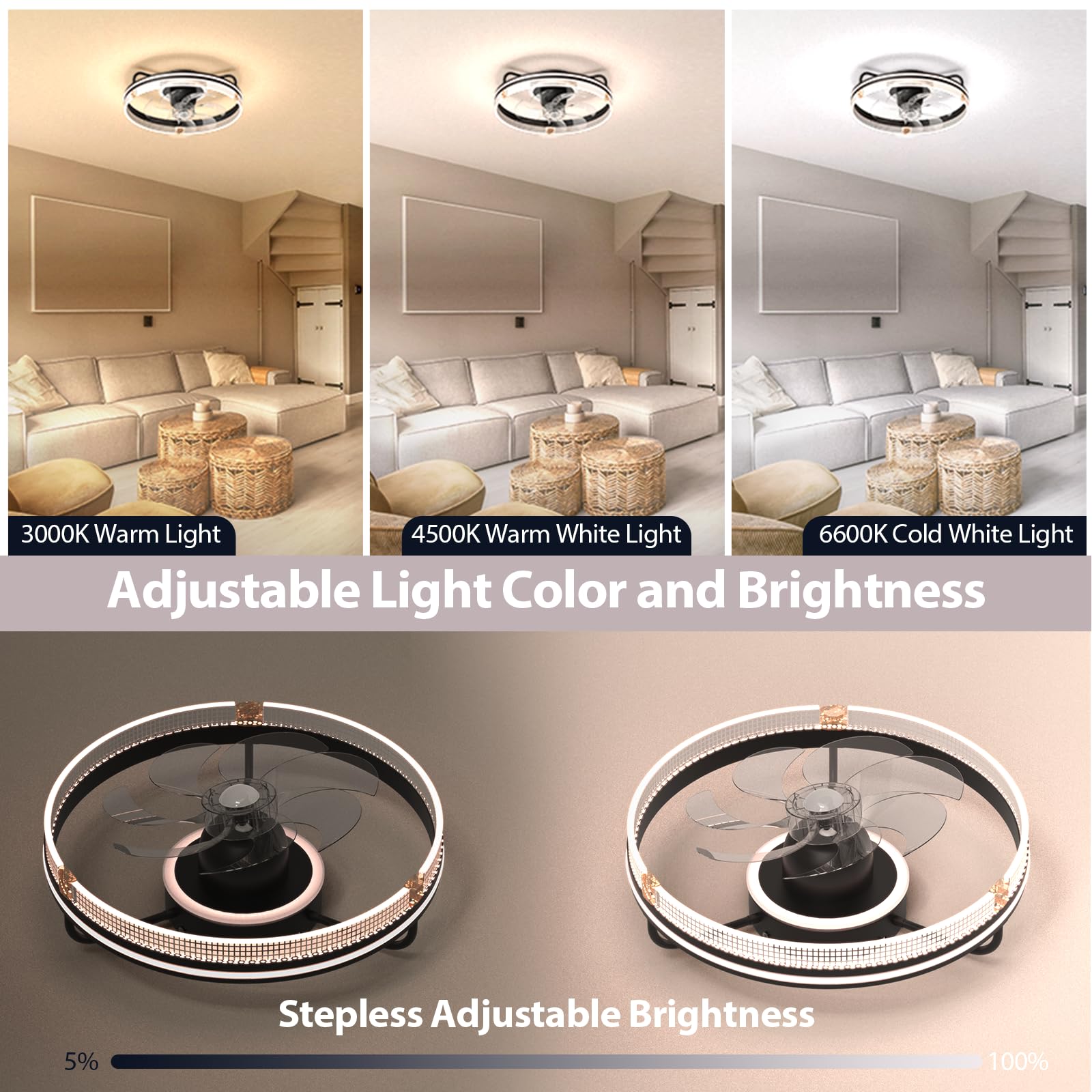 FIMEI 19.33'' Ventilatori da Soffitto con Luce, Ventilatore Reversibile 6 Velocità con Luce Dimmerabile, Telecomando e App, Illuminazione per Ventilatore da Soffitto e Oscillazione a 360°, Timer