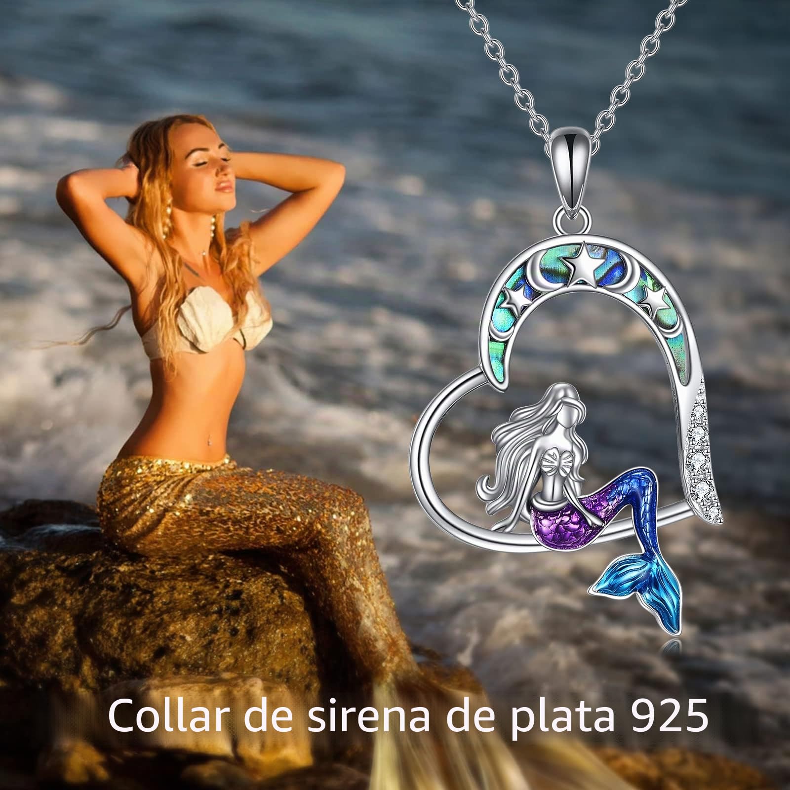 YAFEINI Collar de Sirena para Mujer de Plata de Ley con Colgante de Estrella de Luna Joyería de Sirena Regalo para Mujeres y Niñas
