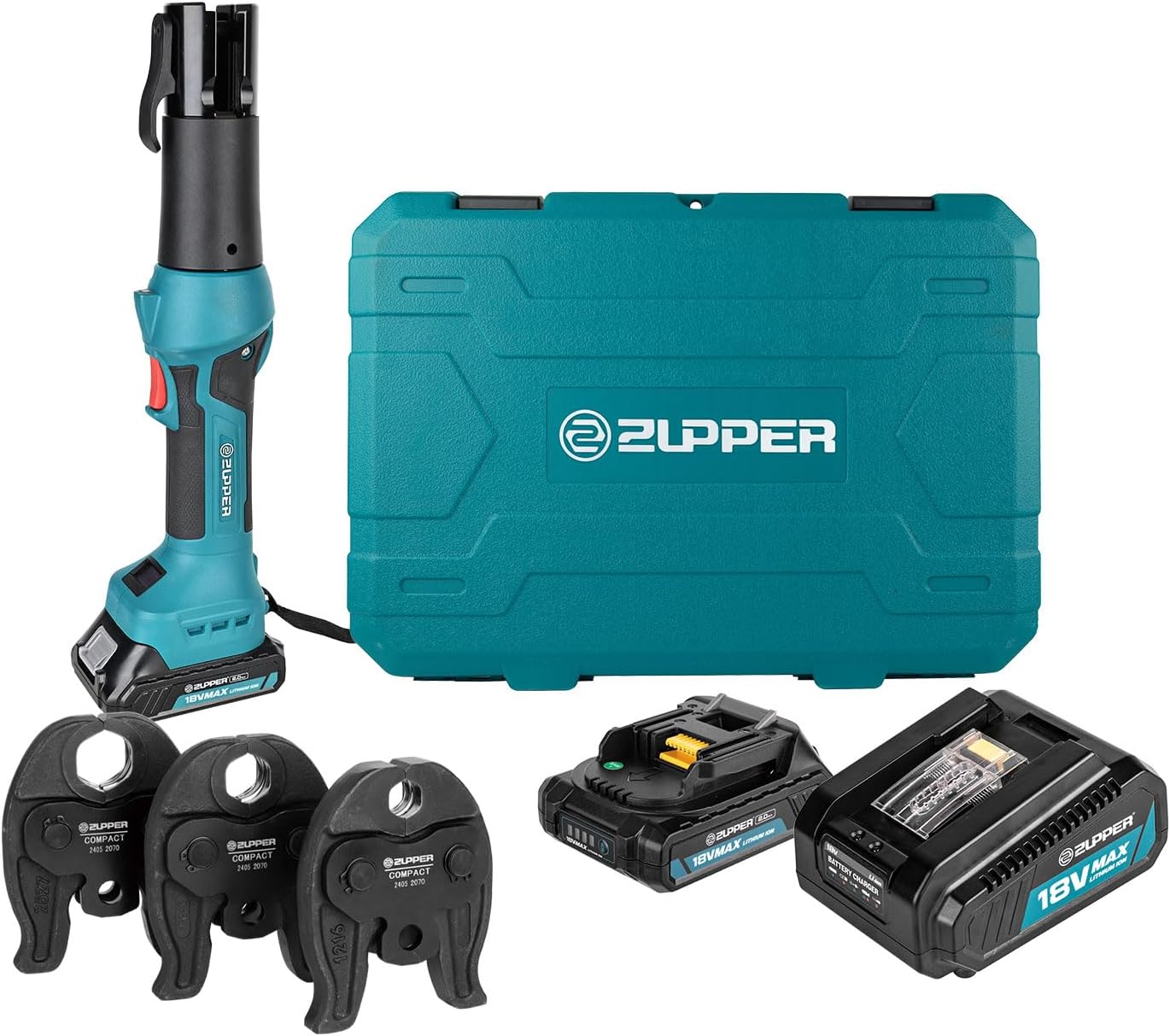 ZUPPER Compact Pro Press Tool kit with 1/2", 3/4", 1" Copper Pro Press Jaws, 2pcs Battery, Fast Charger & Carrying Case