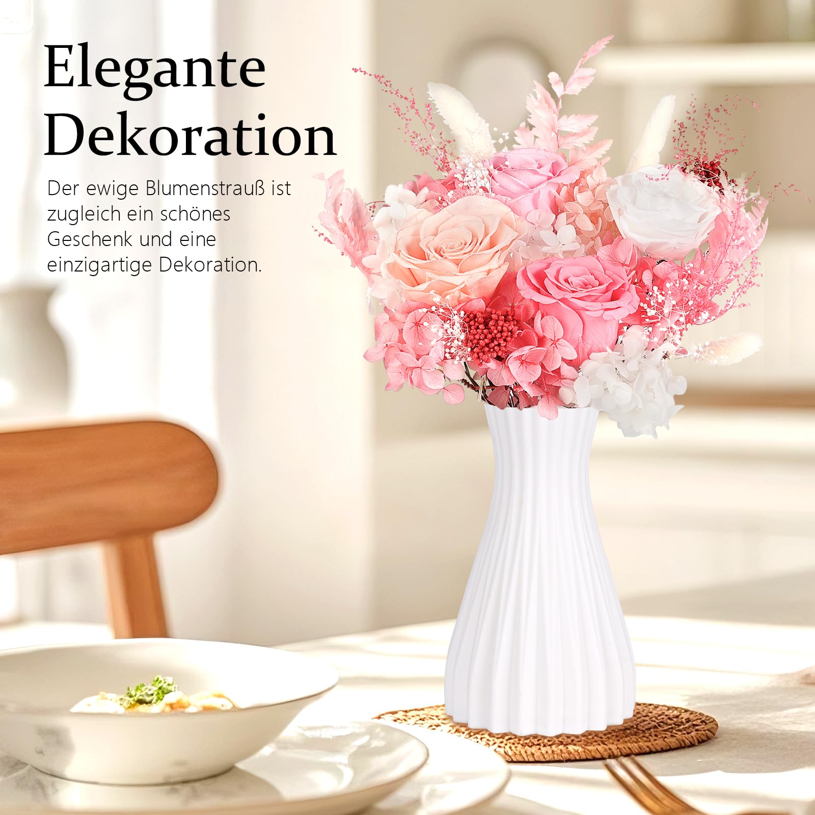 Ewige Rosen Blume Strauß mit Vase-Rosa, Infinity Konservierte Echt Flower, Rosestrauß in Geschenkbox, Geschenk für Sie Frauen Freundin Mama Oma zum Valentinstag Jahrestag Geburtstag Muttertag