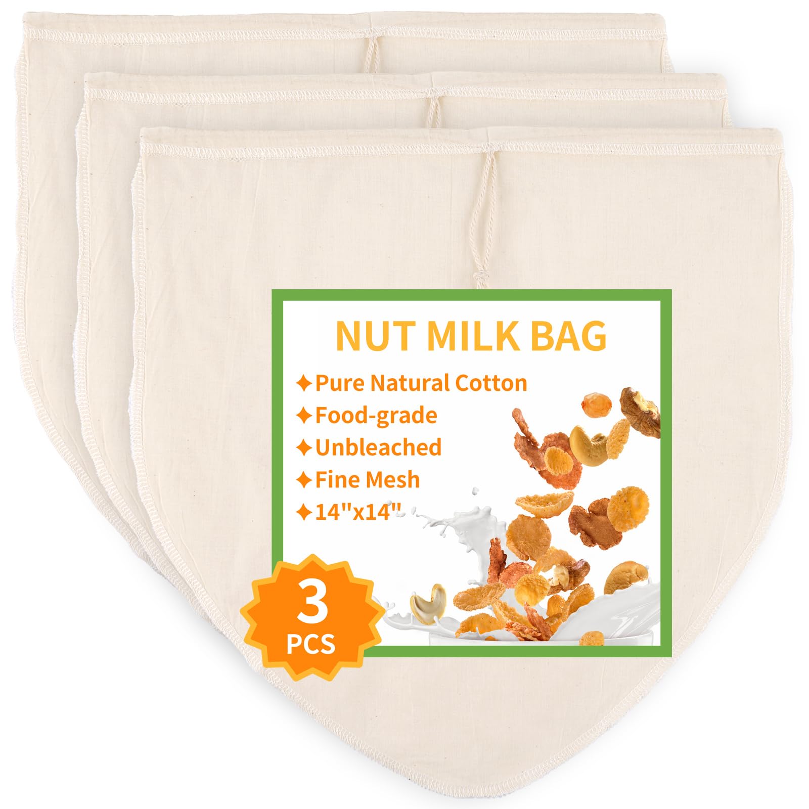 3 Pcs 14"x14" Nut Milk Bag, Natural Unbleached Cotton Cheese Cloth Bag for Straining, Reusable Strainer Bag for Oat Almond Milk, Cheese Making, Yogurt