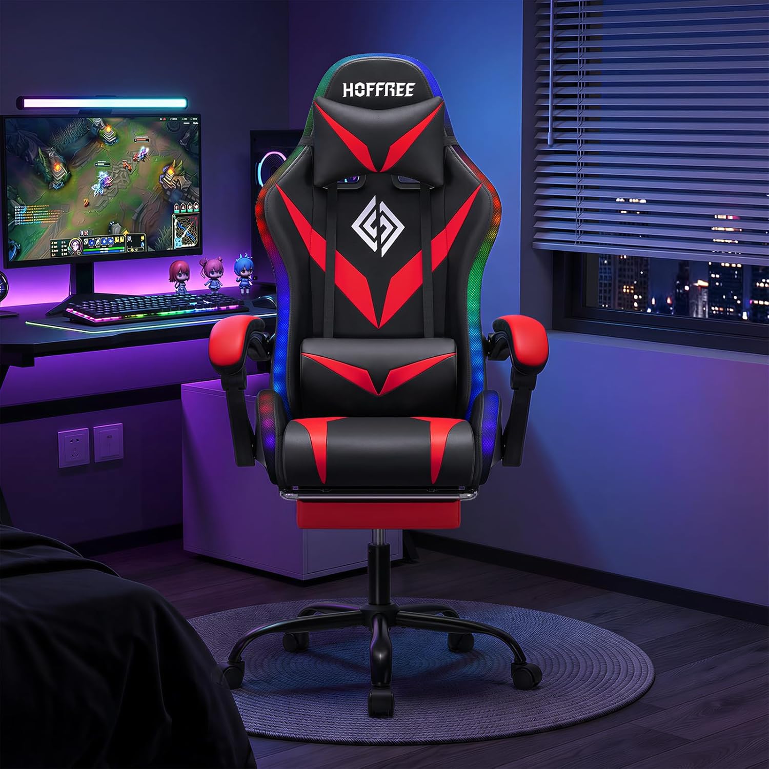 RGB Gaming Chair with Massage and LED Lights Ergonomic Computer Chair with Footrest High Back Video Game Chair with Adjustable Lumbar Support Linkage Armrest Red and Black