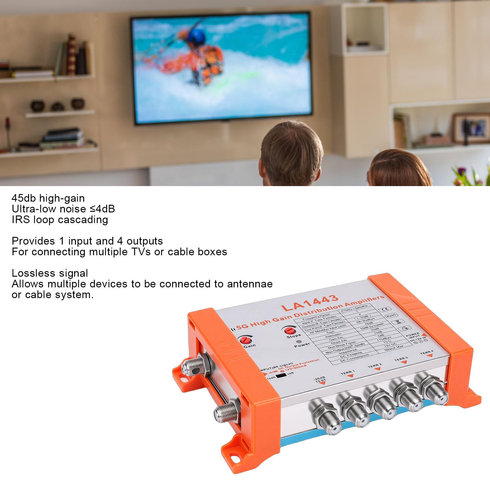 Cuifati Amplificateur de Distribution TV 4 Ports avec Filtre 5G LTE à Gain de 45 DB pour Amplificateur de Signal D'antenne de Télévision par Câble avec 1 Entrée 4 Sorties à Faible Bruit (Prise UE)