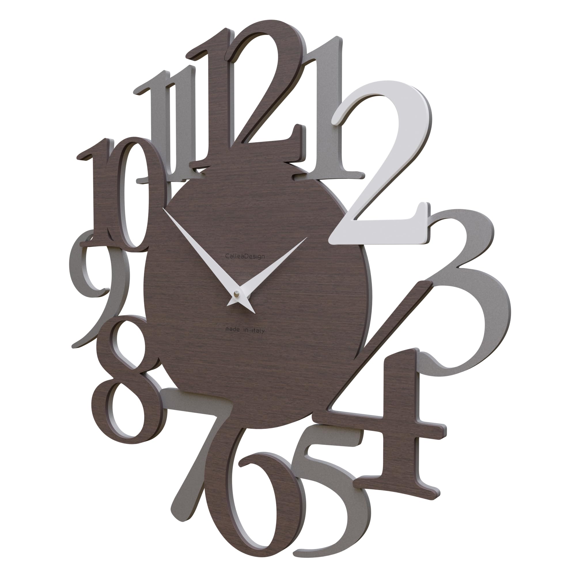 CalleaDesign Moderne Wanduhr Russell - Italienisches, große Ziffern, Dekoration für Heim und Büro, geräuschlos, Made in Italy [Aluminium, Weiß, Eiche Wenge].